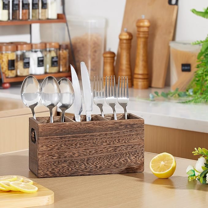 VIVIRBIEN Wooden Silverware Holder, Kitchen Utensil Caddy with 3 Compartments, Cutlery Storage Organizer Countertop, Flatware Organizer for Party, Spoon, Fork Holder