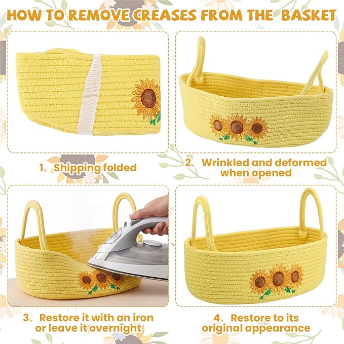 Vesici Sunflower Woven Storage Basket for Toilet Tank Top Boho Cotton Rope Bathroom Countertop Organizer Basket with Handle Yellow Bathroom Decor for Bedroom Nursery Toys Organizing, 13 x 6 x 4 Inch