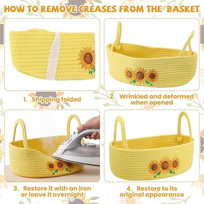 Vesici Sunflower Woven Storage Basket for Toilet Tank Top Boho Cotton Rope Bathroom Countertop Organizer Basket with Handle Yellow Bathroom Decor for Bedroom Nursery Toys Organizing, 13 x 6 x 4 Inch