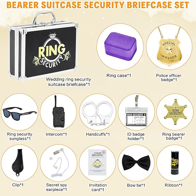 Ring Security Wedding Ring Bearer Aluminum Briefcase-Padded Slits Holder Ring Bearer Gifts Security Box for Proposal Ceremony Wedding Day,Security Badge Props for Boys Kids