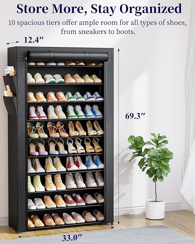 Kitsure Shoe Rack - 10-Tier Shoe Organizer with Zippered Dust Cover & Side Pockets, Easy to Assemble, Space Saving Shoe Rack for Closet, Entryway, Living Room, 33" x 12.4" x 69.3", Black