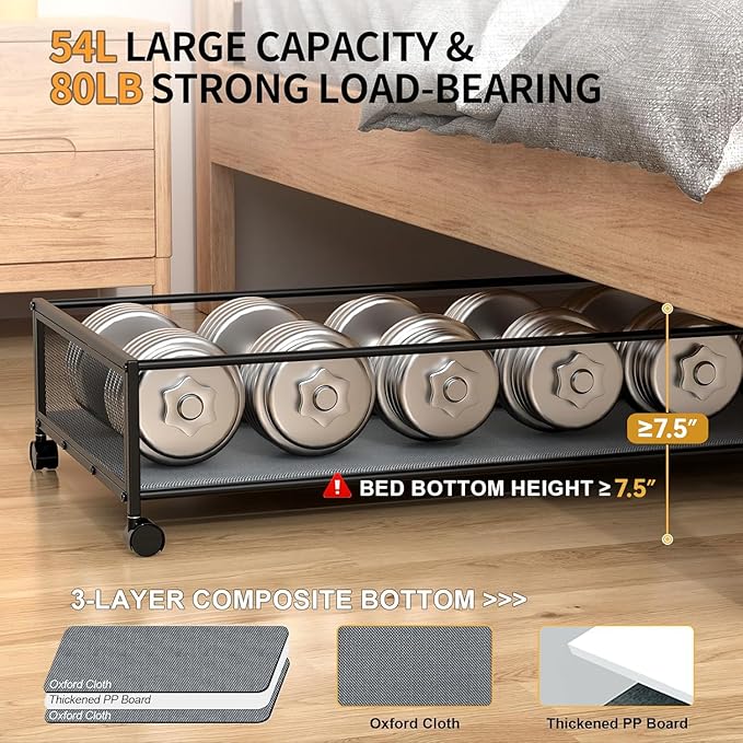 Under Bed Storage Containers with Wheels Large Underbed Shoes Blankets Clothes Toy Storage Drawers for College Dorms Bedrooms Nursery Rooms Organization (Grey 2 Pack, 7.5in height(36"x16.6"x7.48"))