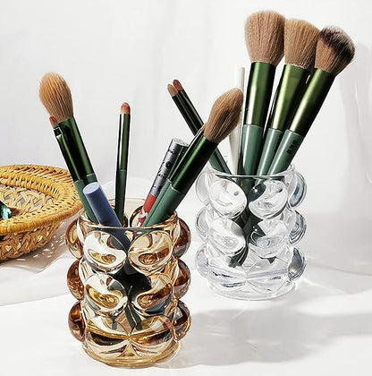KNC Pen Pencil Container Multi-Purpose Handcrafted Comb Makeup Brush Holder Office Desk Accessories Storage Cosmetic Tools Organizer (Amber)