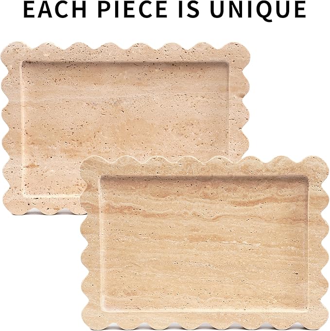Scalloped Travertine Marble Tray - Large Home Decorative Stone Vanity Perfume Plates for Bathroom Accessories Coffee Table, Dresser Dish for Kitchen Countertop (10.6" x 7.4"x 0.8")