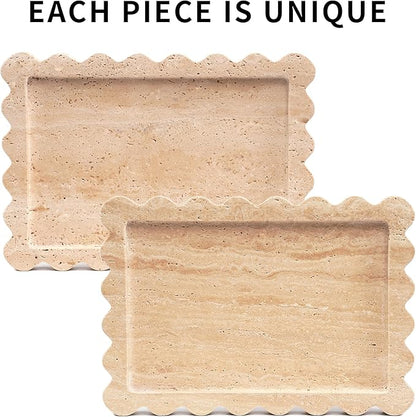 Scalloped Travertine Marble Tray - Large Home Decorative Stone Vanity Perfume Plates for Bathroom Accessories Coffee Table, Dresser Dish for Kitchen Countertop (10.6" x 7.4"x 0.8")
