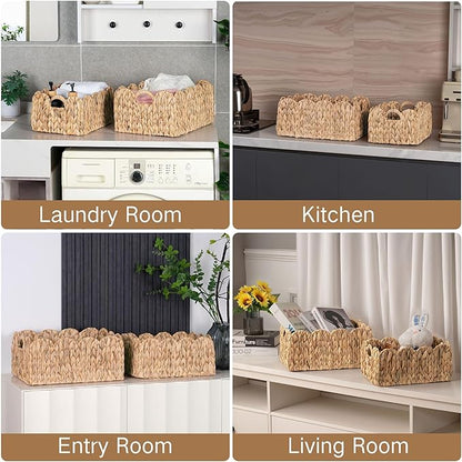 iEGrow Scalloped Wicker Basket, Set of 2 Woven Rattan Natural Water Hyacinth Baskets with Built-in Handles, Rectangle Storage Baskets for Organizing, Decor, Shelf and Nursery Room