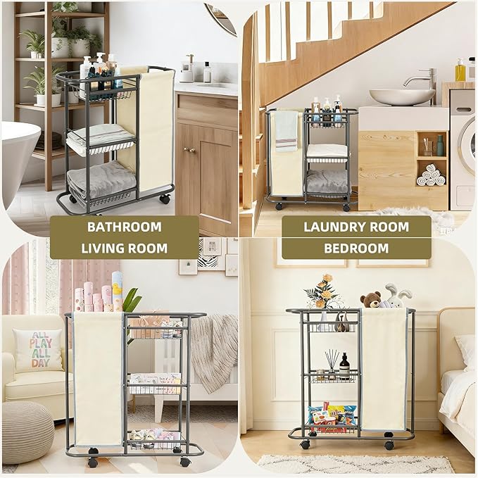 Rolling Laundry Basket with 3 Storage Baskets and 45 L Bag, Heavy Duty Laundry Cart with Wheels and Handle, Space Saving Laundry Room Organization for Bathroom Living Room Apartment Dorm