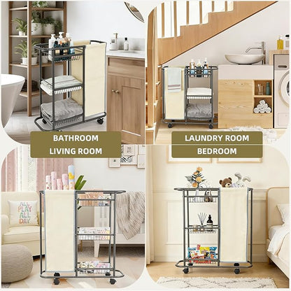 Rolling Laundry Basket with 3 Storage Baskets and 45 L Bag, Heavy Duty Laundry Cart with Wheels and Handle, Space Saving Laundry Room Organization for Bathroom Living Room Apartment Dorm