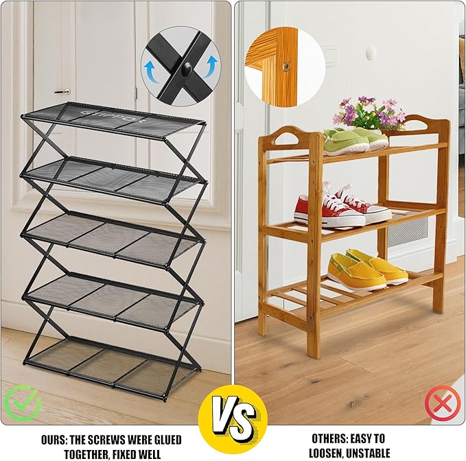 Shoe Rack for Entryway 5 Tier Foldable Shoe Rack Without Assembly Collapsible Metal Shoe Organizer Folding Shoe Storage Rack for Door, Living Room, Black