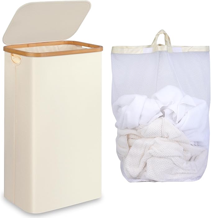 iEGrow Slim Laundry Hamper,75L Beige Narrow Laundry Basket with Lid,Foldable Clothes Hamper with Bamboo Handles,Hamper Basket with Removable Inner Bag for Laundry Room Bedroom College Dorm