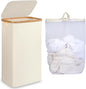 iEGrow Slim Laundry Hamper,75L Beige Narrow Laundry Basket with Lid,Foldable Clothes Hamper with Bamboo Handles,Hamper Basket with Removable Inner Bag for Laundry Room Bedroom College Dorm