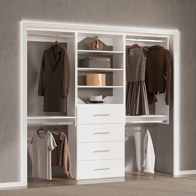 Modular Closet, 72" Wide Organizer with Hanging & Drawers, Wood Tower Storage for Walk-In Closets, Wall Mounted Wardrobe Organizer Kit, Bedroom, White