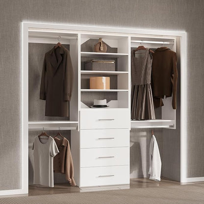 Modular Closet System, 66" Wide Closet Organizer System with Hanging and Drawers, Wood Tower Closet Storage for Walk In Closets, Wall Mounted Wardrobe Organizer Kit System, Bedroom, White