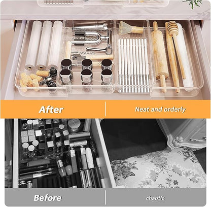 Qivine Expandable Acrylic Drawer Organizer, Clear Makeup Drawer Organizer Trays, 11 to 19In Adjustable Kitchen Utensil Organizer with 5 Compartments Expandable for Makeup Silverware Office Bathroom