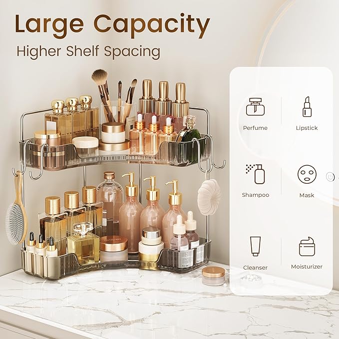 Corner Counter Organizer, 2-Tier Bathroom & Kitchen Storage Tray with Hooks | Clear Vanity Organizer for Skincare, Makeup & Jewelry