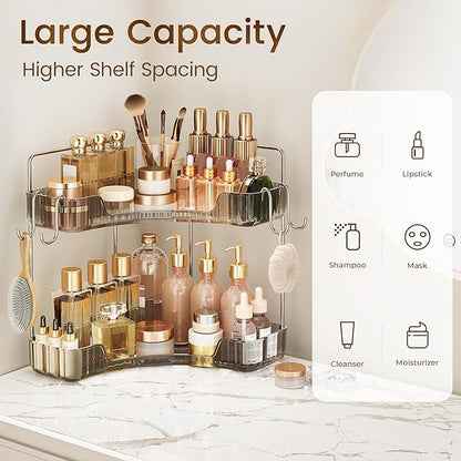 Corner Counter Organizer, 2-Tier Bathroom & Kitchen Storage Tray with Hooks | Clear Vanity Organizer for Skincare, Makeup & Jewelry