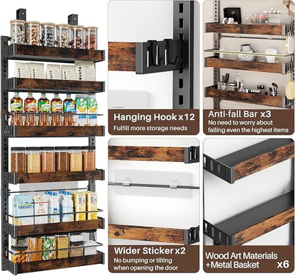 6 Tier Over The Door Pantry Organizer, 2 IN 1 Wall Mount or Metal Hanging Spice Rack for Pantry Organizers and Storage, Seasoning Shelves，Adjustable Basket with Hooks for Kitchen Cabinet and Closet
