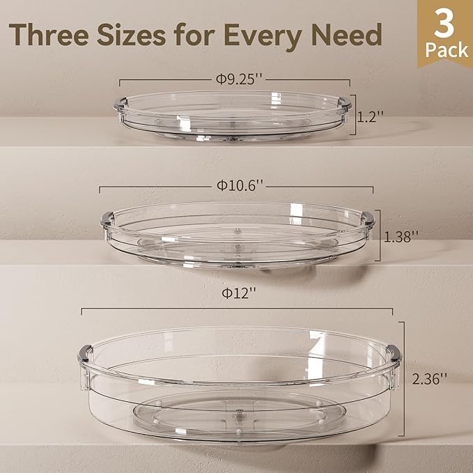 LAMU 3 Pack Lazy Susan Organizer Turntable for Cabinet, Pantry Organizers and Storage, Rotating Condiment Organizer for Kitchen, Table Top, Fridge, Countertop, Spice Organization, 9.25'' 10.6'' 12''