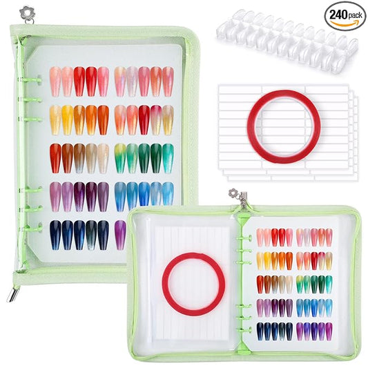 Segbeauty Nail Swatches Book with A5 Zipper Binder, Nail Polish Display Book with 240 Fake Nails, Adhesive Tape, Pocket Insert, Press on Nails Storage Organizer Case for Manicure Salon DIY, Green