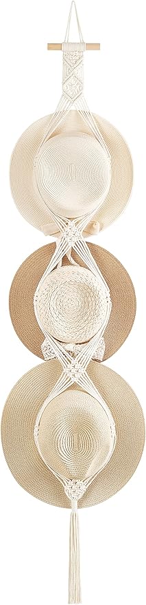 Dahey Macrame Hat Hangers Hat Rack for Wall Cowboy Hat Organizer Hanging Display Hand Weaving Bobo Hat Holder Western Decor for Wide Brim Hats Bowler Fedora Hats