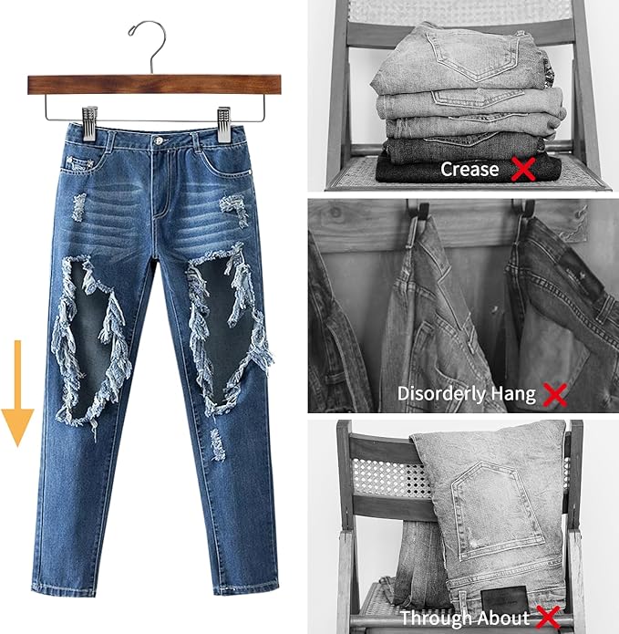 Nature Smile Deluxe Wooden Pants Hangers,Solid Lotus Wood Jeans Skirt Hanger with Clips Anti-Rust Hook Pack of 28（Retro）