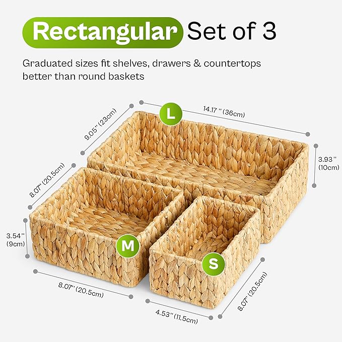 Water Hyacinth Storage Baskets Set of 3, Woven Shelf Baskets, Rectangular Open Top Wicker Pantry & Closet Organizer Bins for Bathroom, Countertop & Home Organization