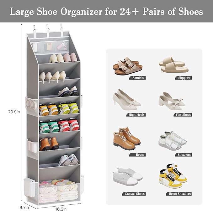 Criusia Over the Door Shoe Organizer, Hanging Shoe Storage with Deep Pockets,Ideal for Sneakers, Heels, Boots, Fits 16-24 Pairs of Shoes, Gray