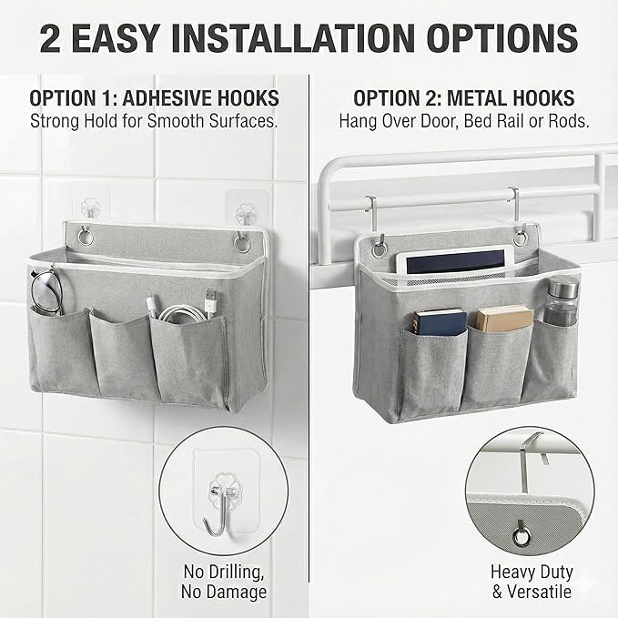 2-Pack Wall Hanging Storage Bag, Over the Door Organizer with Large Mesh Pockets, Hanging Wall Basket Storage for Pantry, Bedroom, Bathroom, Heavy Duty Wall Mounted Storage for Dorm,Closet (Grey)