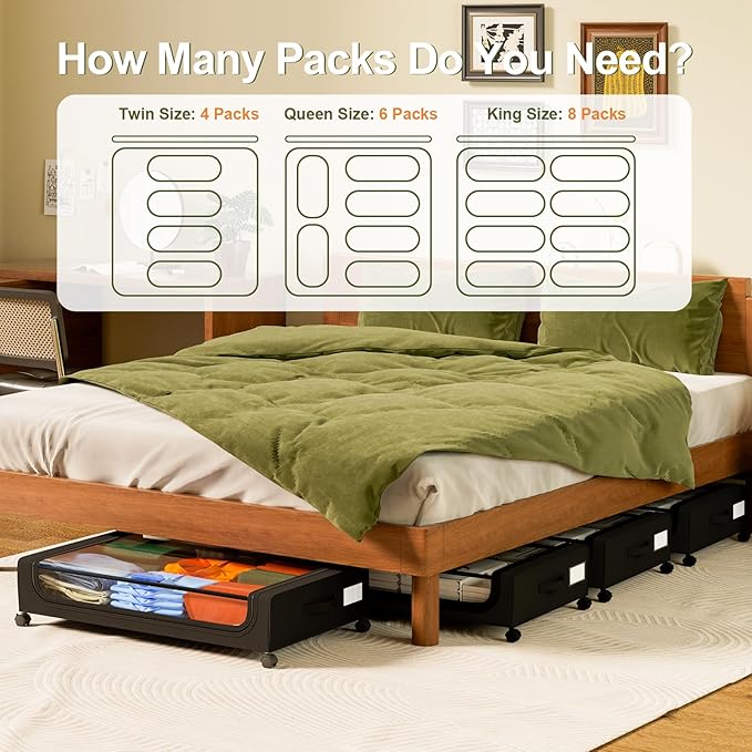 GoMaihe Under Bed Storage with Wheels: 48L Underbed Storage Containers with Clear Lids - Rolling Drawers & Bins for Shoes Clothes in Dorm Bedroom - Space-Saving Easy Pull-out Black 4-Pack