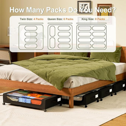 GoMaihe Under Bed Storage with Wheels: 48L Underbed Storage Containers with Clear Lids - Rolling Drawers & Bins for Shoes Clothes in Dorm Bedroom - Space-Saving Easy Pull-out Black 2-Pack