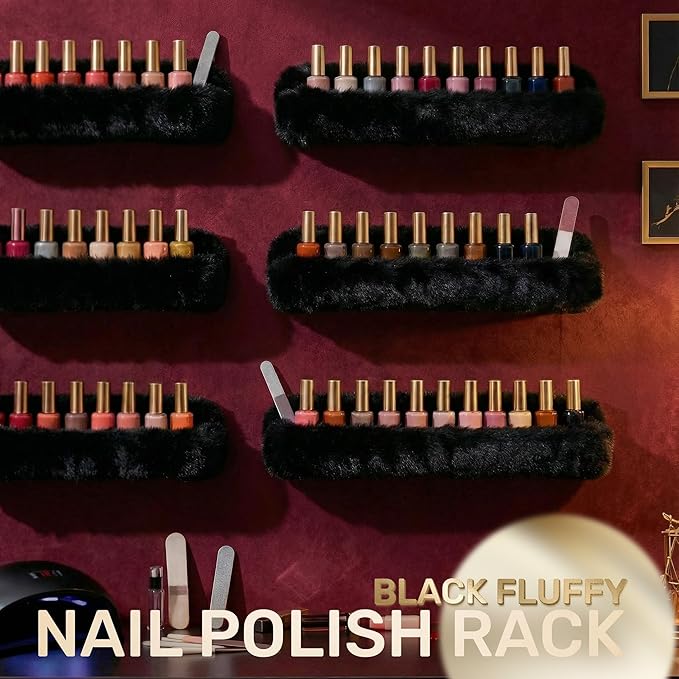 YMVV Wall-Mounted Nail Polish Organizer Rack - 15-Inch Plush Nail Polish Shelf, Makeup & Beauty Essentials Storage - Multi-Purpose Display Holder for Small Space, Vanity Bathroom, 6 Pack Black
