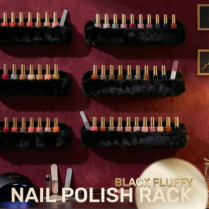 YMVV Wall-Mounted Nail Polish Organizer Rack - 15-Inch Plush Nail Polish Shelf, Makeup & Beauty Essentials Storage - Multi-Purpose Display Holder for Small Space, Vanity Bathroom, 6 Pack Black