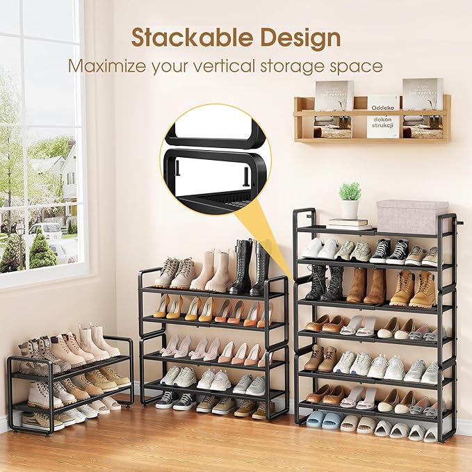 SAYZH Expandable Shoe Rack for Closet, Adjustable Metal Shoe Organizer with Sturdy Mesh Shelves for Boots & Heels, Stackable Shoe Storage for Entryway, Garage, Small Spaces (Black, 4-Tier)
