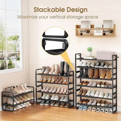 SAYZH Expandable Shoe Rack for Closet, Adjustable Metal Shoe Organizer with Sturdy Mesh Shelves for Boots & Heels, Stackable Shoe Storage for Entryway, Garage, Small Spaces (Black, 4-Tier)