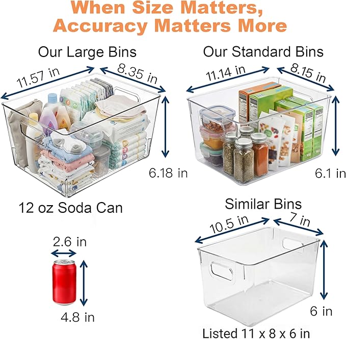 MOONEDGE 8 Pack Clear Plastic Storage Bins, 12 x 8 x 6in Stackable Pantry Organizer Cabinet Containers for Under-Sink Storage, Kitchen, Fridge, Bathroom and Home Organization