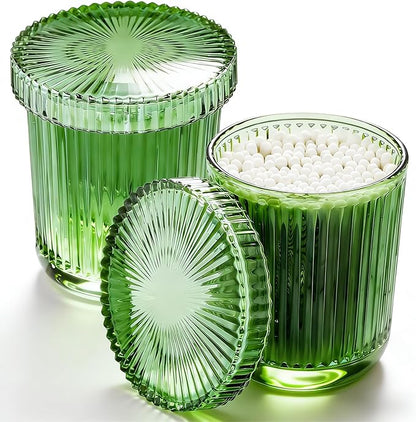 Glass Qtip Dispenser 2 Pack, Clear Bathroom Storage Organizer for Cotton Swabs, Balls, Pads & Floss Picks, Vanity Makeup Essential Accessories (Green)