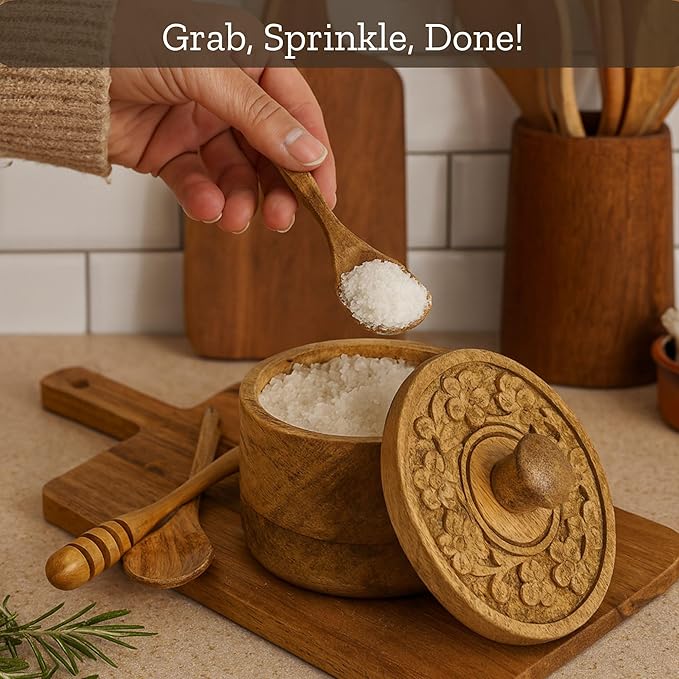 Mie Creations Salt Pepper Pinch Bowls, Vintage Salt Box Cellar with Wooden lid | Wood Spice Keeper for Cooking, Sugar Coffee Storage Container for Kitchen with Tiny Spoon- Christmas Thanksgiving Decor