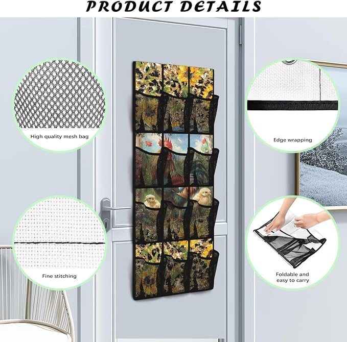 Over The Door Storage Organizer Closet Door Hanging Organizer with 12 Mesh Pockets, Stuffed Animal Storage for Toys Sundries Organizers and Storage,Rooster Leopard