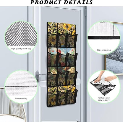 Over The Door Storage Organizer Closet Door Hanging Organizer with 12 Mesh Pockets, Stuffed Animal Storage for Toys Sundries Organizers and Storage,Rooster Leopard