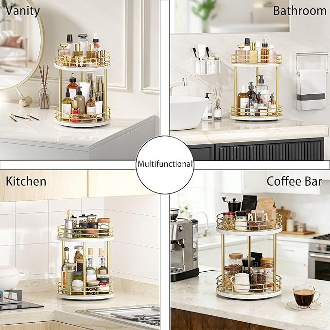 2-Tier Rotating Bathroom Countertop Organizer, Wooden Makeup Vanity Storage, Multifunctional Lazy Susan Turntable for Skincare, Perfume and Cosmetics (White-Gold)
