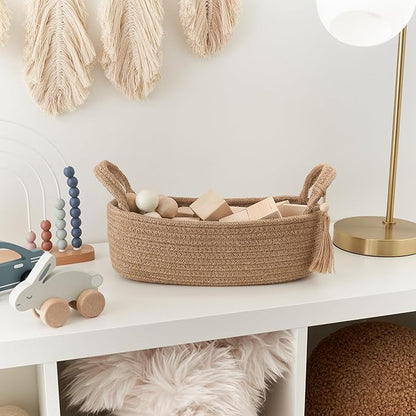 Decorative Toilet Paper Basket – Beautiful Bathroom Organizer for Toilet Tank Storage Decor – Boho Jute Cotton Rope Bin with Tassel for Bathroom Accessories and as Shelf Decor