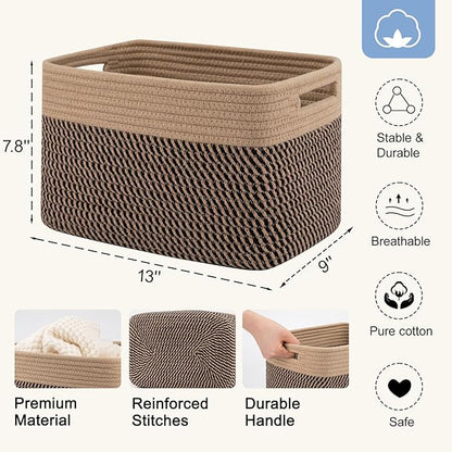 4 Pack Storage Baskets for Organizing, Woven Baskets for Shelves - Perfect for Toys, Books, Towels, and Clothes, Durable Gift Basket Bins Toy Storage, 12.7''L x9''W x7.8''H, Black and Brown