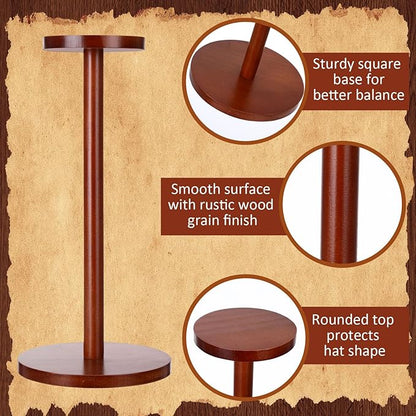 Weysat 4 Pack Wooden Hat Display Stand with Round Base Brown Rustic Vintage Hat Rack Holder for Wig Cap Helmet Boutique Jewelry Organizer for Home Store Tabletop Shelf Decor, 12 x 6 x 4 Inches