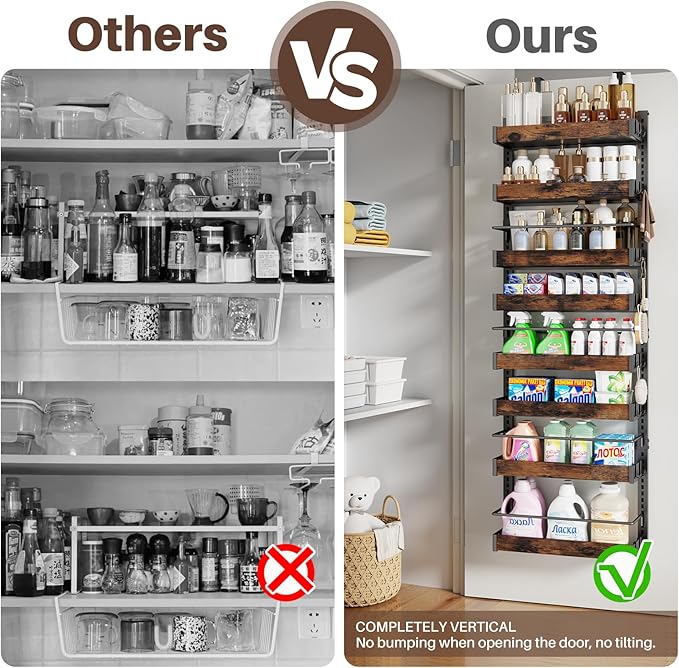 8 Tier Over The Door Pantry Organizer, 2 IN 1 Wall Mount or Metal Hanging Spice Rack for Pantry Organizers and Storage, Seasoning Shelves，Adjustable Basket with Hooks for Kitchen Cabinet and Closet