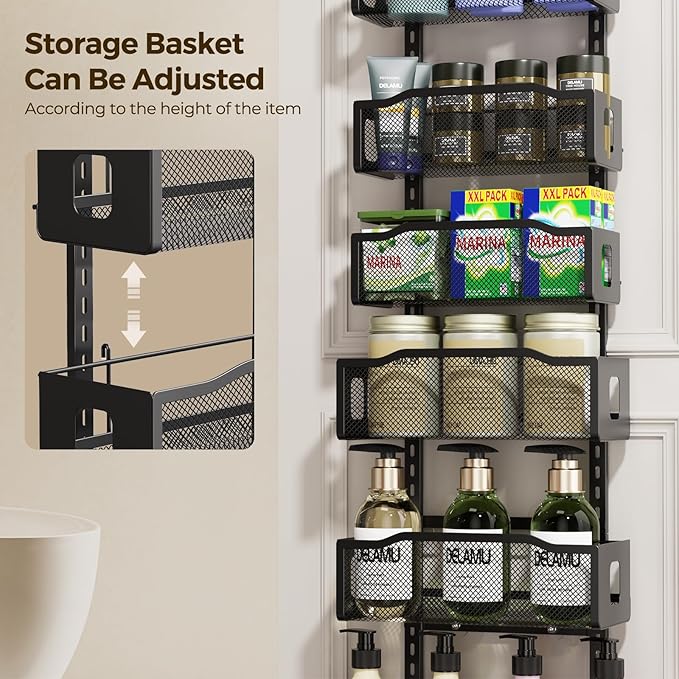 Delamu 8 Tier Over the Door Pantry Organizer, 2in1 Hanging or Wall Mount Spice Rack Seasoning, Adjustable Heavy-Duty Narrow Pantry Door Organizer and Storage for Kitchen Cabinet and Bathroom,12" Black