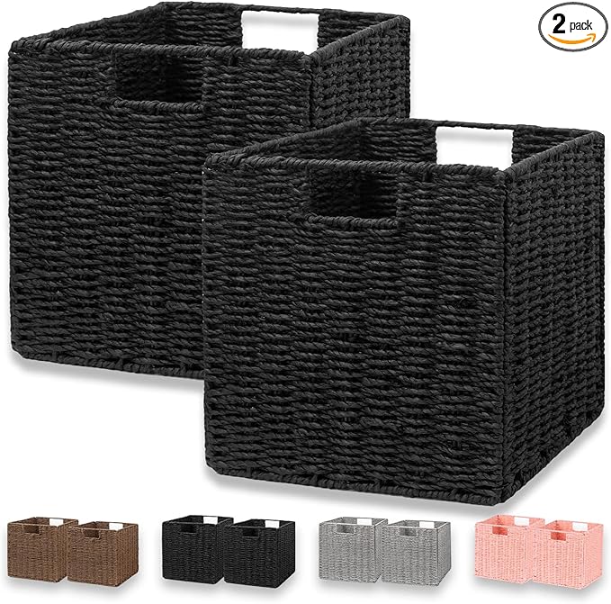 Vagusicc Wicker Storage Basket, Set of 2 Hand-Woven Wicker Basket, Foldable Cube Storage Bin, Black Storage Basket, Square Storage Baskets for Organizing Shelves & Decor, Black (11″×11″×11″)