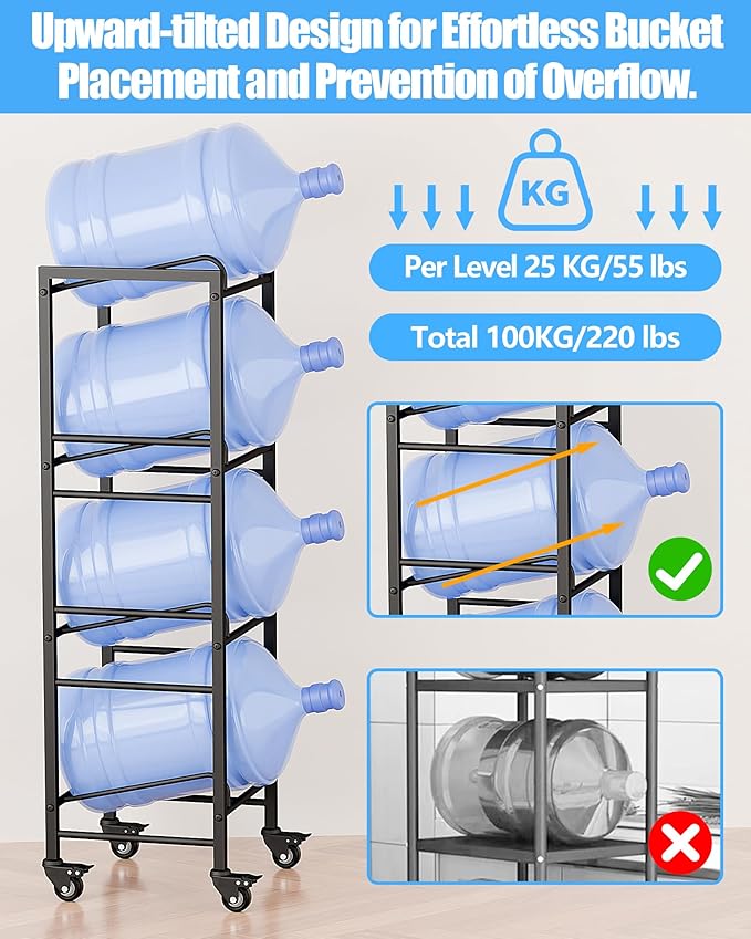4 Tier 5 Gallon Water Jug Holder with 4 Lockable Wheels - Water Bottle Rack Organizer with Movable Casters, Heavy Duty Water Storage Rack Dispenser Stand for Kitchen Office Garage/Black