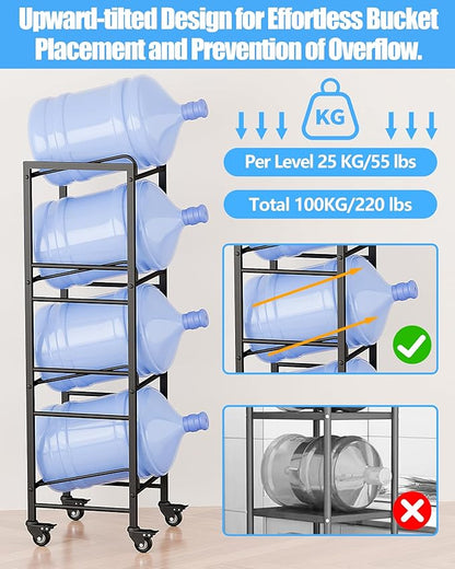 4 Tier 5 Gallon Water Jug Holder with 4 Lockable Wheels - Water Bottle Rack Organizer with Movable Casters, Heavy Duty Water Storage Rack Dispenser Stand for Kitchen Office Garage/Black