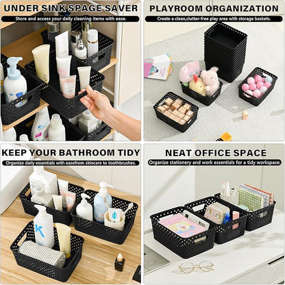 12 Pack Plastic Storage Baskets for Organizing, Storage Baskets for Shelves with Handles, Small Storage Bins with Labels, Organizer Baskets for Cabinet,Closet, Office,Black