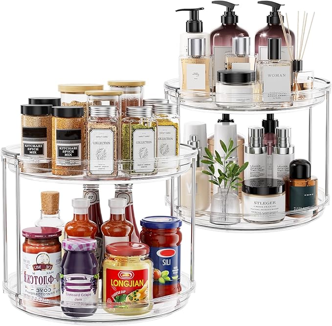 2 Pack 2 Tier Lazy Susan Turntable Organizer 9.25 inch, Rotating Spice Rack Organization for Cabinet, Bathroom, Pantry, Countertop, Kitchen, Vanity, Medicine Cabinet Organizer, Clear